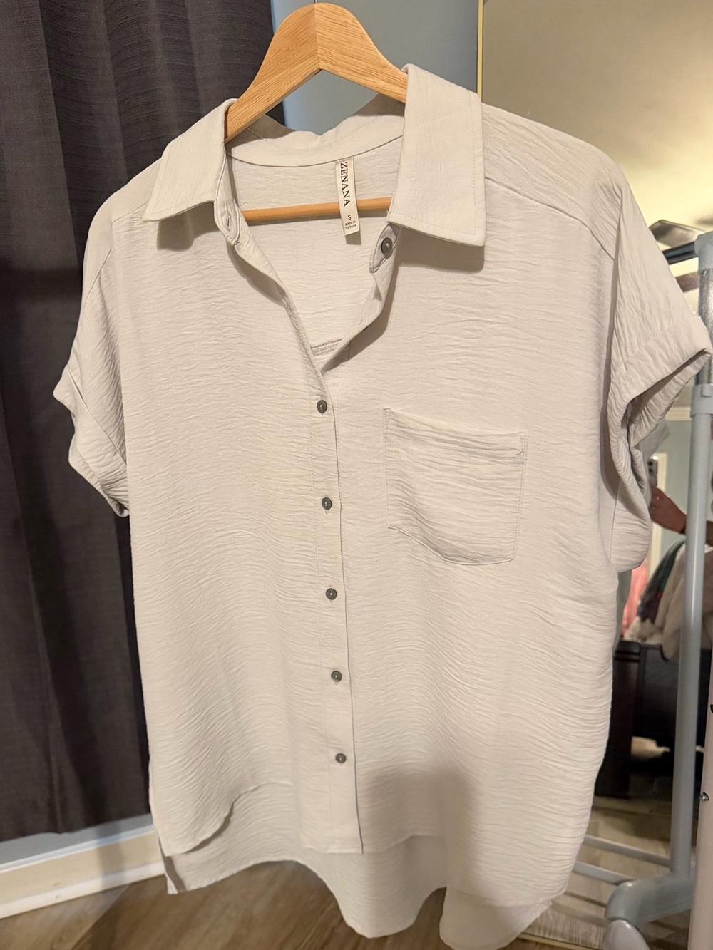 Zenana Outfitters Short Sleeve Button-Front Shirt - Beige